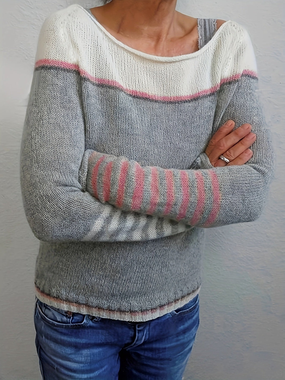 Tavitha | Women's Striped Boat Neck Knit Sweater — Soft Long-Sleeve Pullover with Stripe Cuffs | Westmere