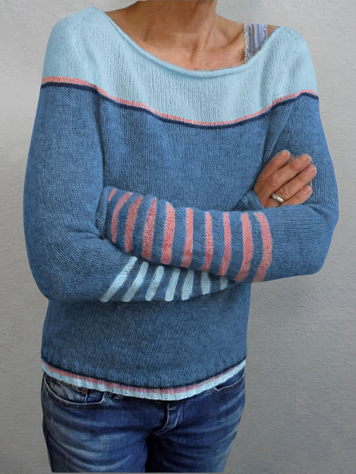 Tavitha | Women's Striped Boat Neck Knit Sweater — Soft Long-Sleeve Pullover with Stripe Cuffs | Westmere