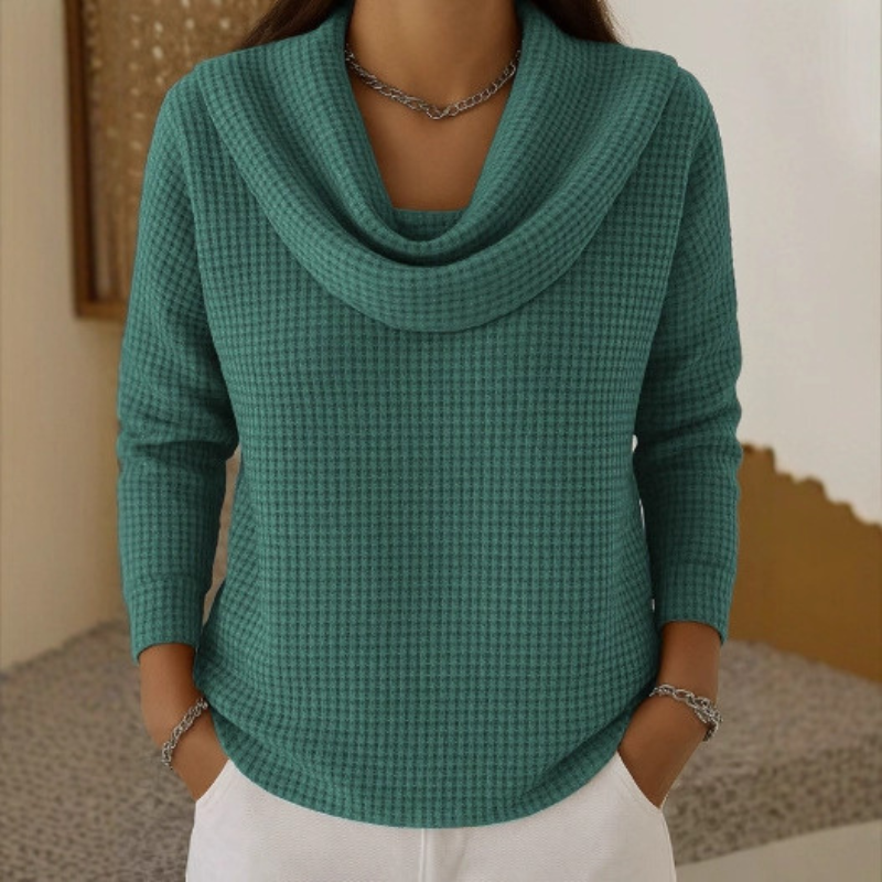 Thessaly | Women's Cowl Neck Waffle Knit Sweater — Draped Neckline, Textured Pullover for Fall | Westmere