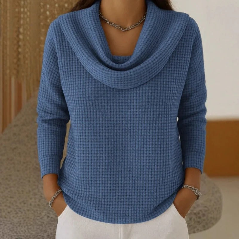 Thessaly | Women's Cowl Neck Waffle Knit Sweater — Draped Neckline, Textured Pullover for Fall | Westmere