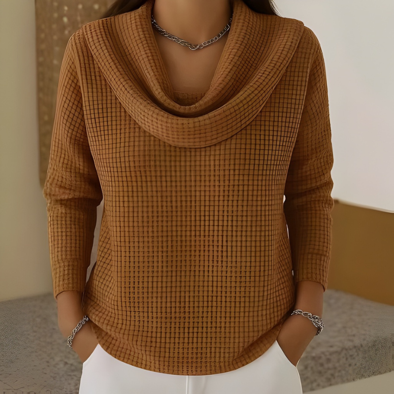 Thessaly | Women's Cowl Neck Waffle Knit Sweater — Draped Neckline, Textured Pullover for Fall | Westmere