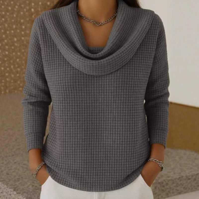 Thessaly | Women's Cowl Neck Waffle Knit Sweater — Draped Neckline, Textured Pullover for Fall | Westmere