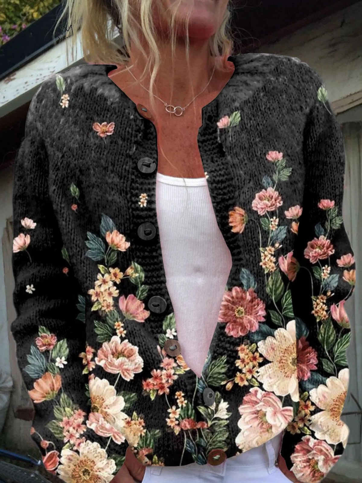 Thessaly | Women's Floral Print Button-Front Cardigan — Botanical Knit on Dark Base Layer | Westmere