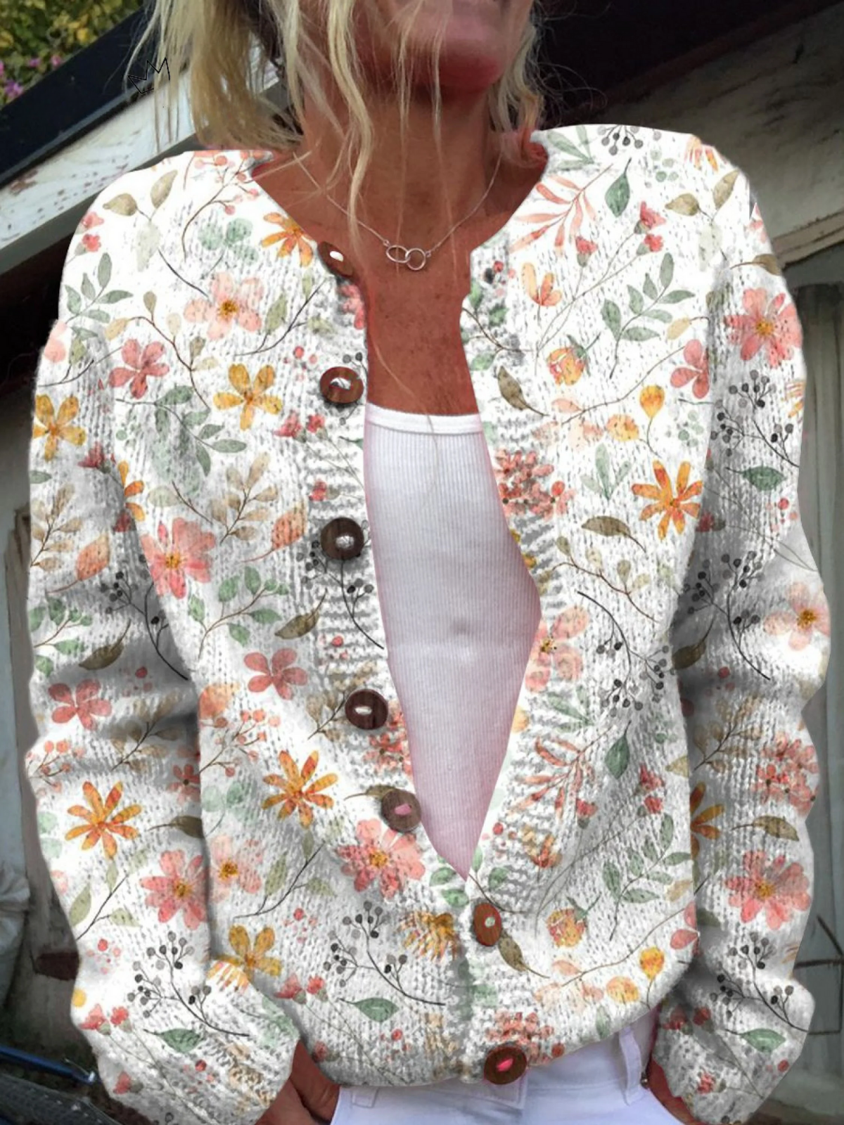 Thessaly | Women's Floral Print Open Front Cardigan — Watercolor Bloom Knit with Wooden Buttons | Westmere