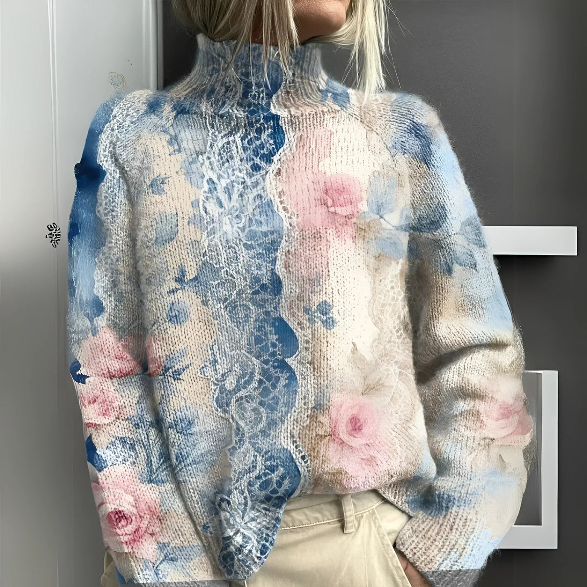 Thessaly | Women's Floral Print Turtleneck Sweater — Watercolor Rose Knit with Center Lace Trim | Westmere
