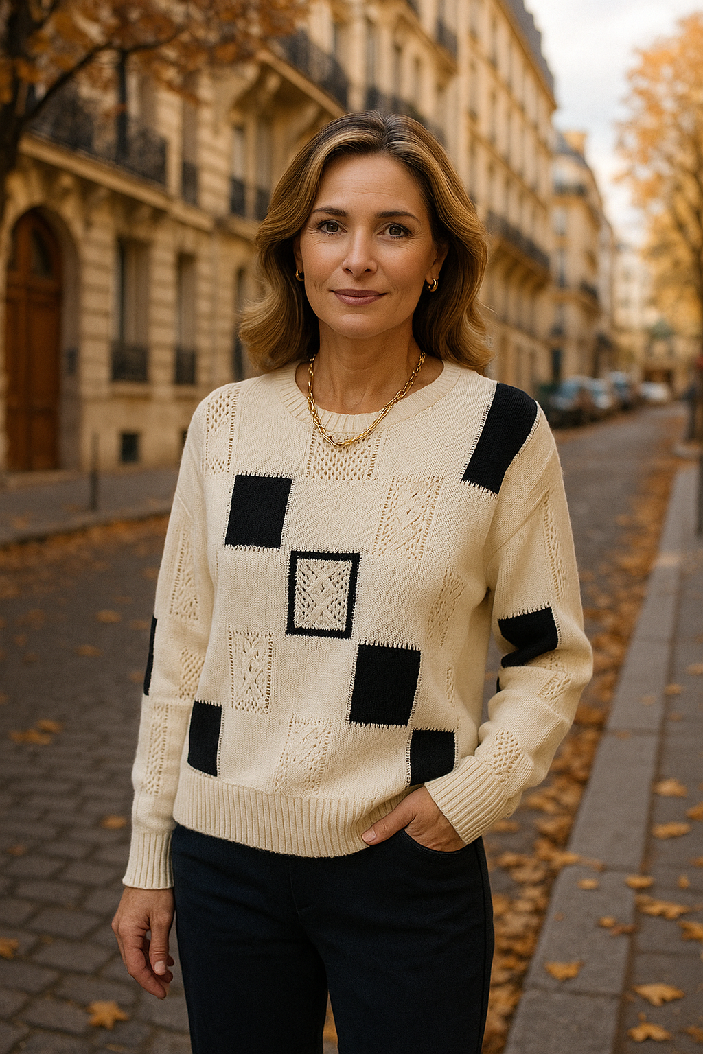Thessaly | Women's Patchwork Knit Pullover Sweater — Bold Graphic Crew Neck in 3 Colors | Westmere