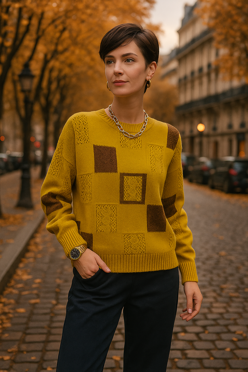 Thessaly | Women's Patchwork Knit Pullover Sweater — Bold Graphic Crew Neck in 3 Colors | Westmere