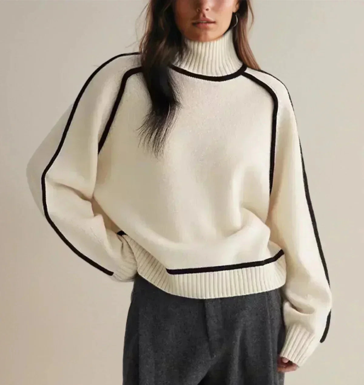 Thessaly | Women's Turtleneck Sweater with Contrast Piping — Oversized Cream Knit Pullover | Westmere