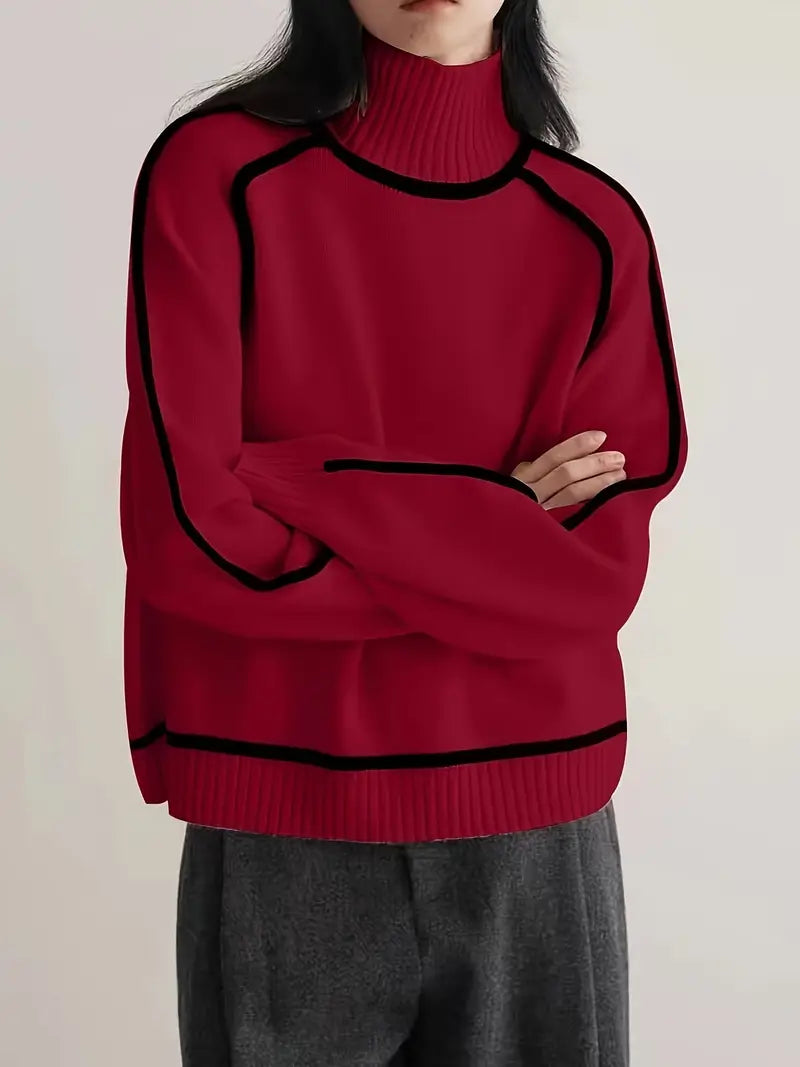 Thessaly | Women's Turtleneck Sweater with Contrast Piping — Oversized Cream Knit Pullover | Westmere