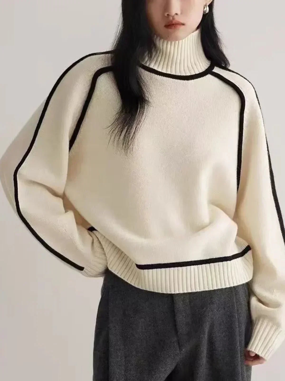 Thessaly | Women's Turtleneck Sweater with Contrast Piping — Oversized Cream Knit Pullover | Westmere