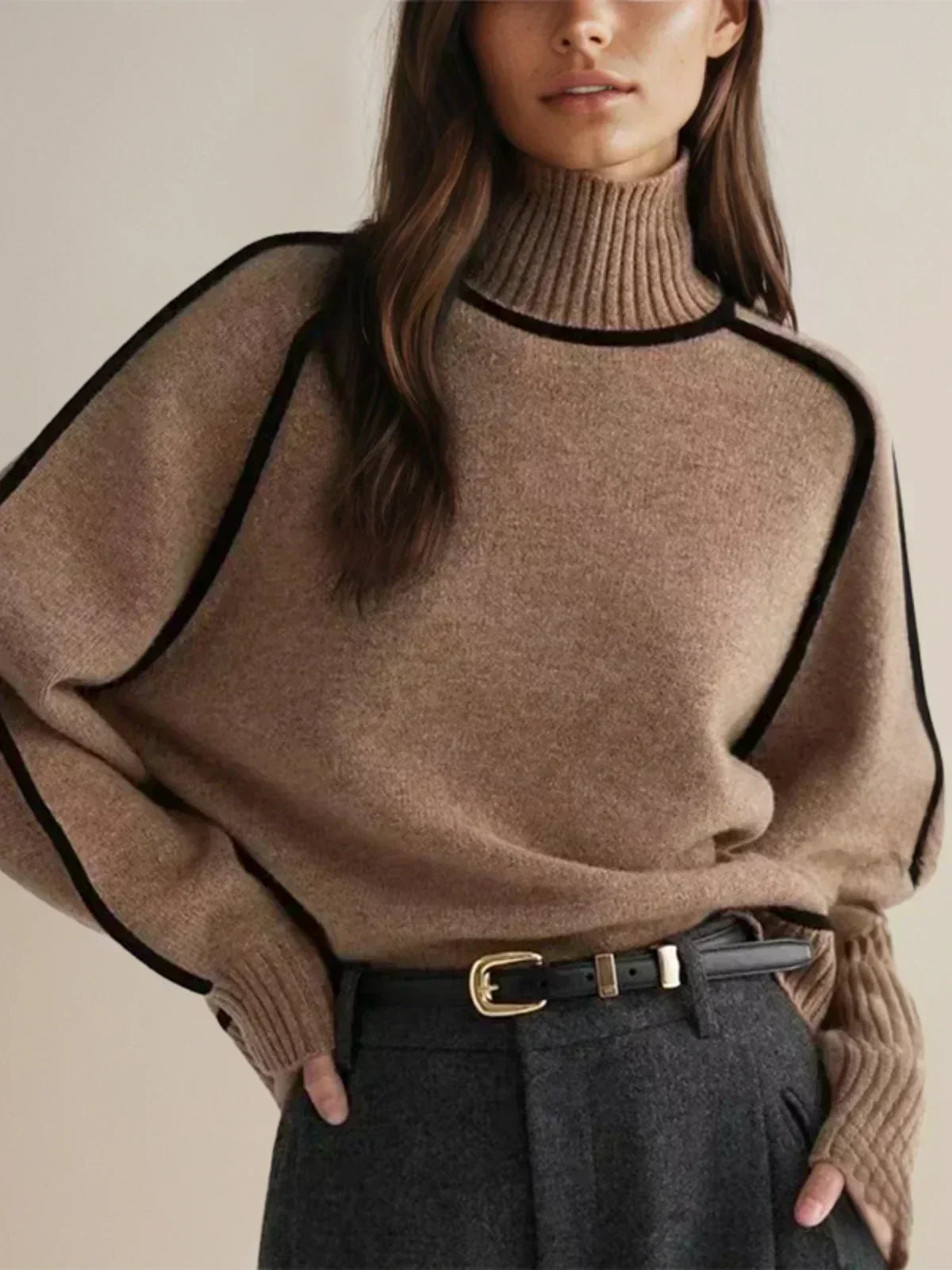 Thessaly | Women's Turtleneck Sweater with Contrast Piping — Oversized Cream Knit Pullover | Westmere