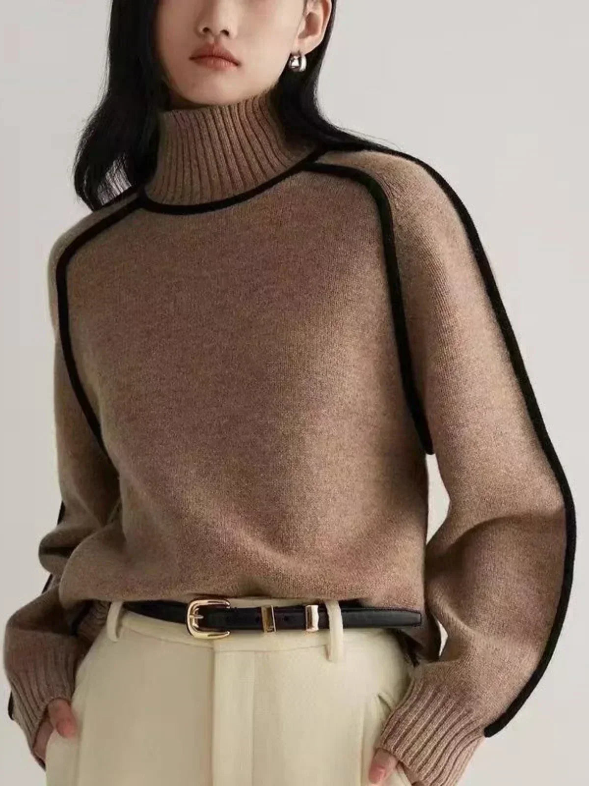 Thessaly | Women's Turtleneck Sweater with Contrast Piping — Oversized Cream Knit Pullover | Westmere