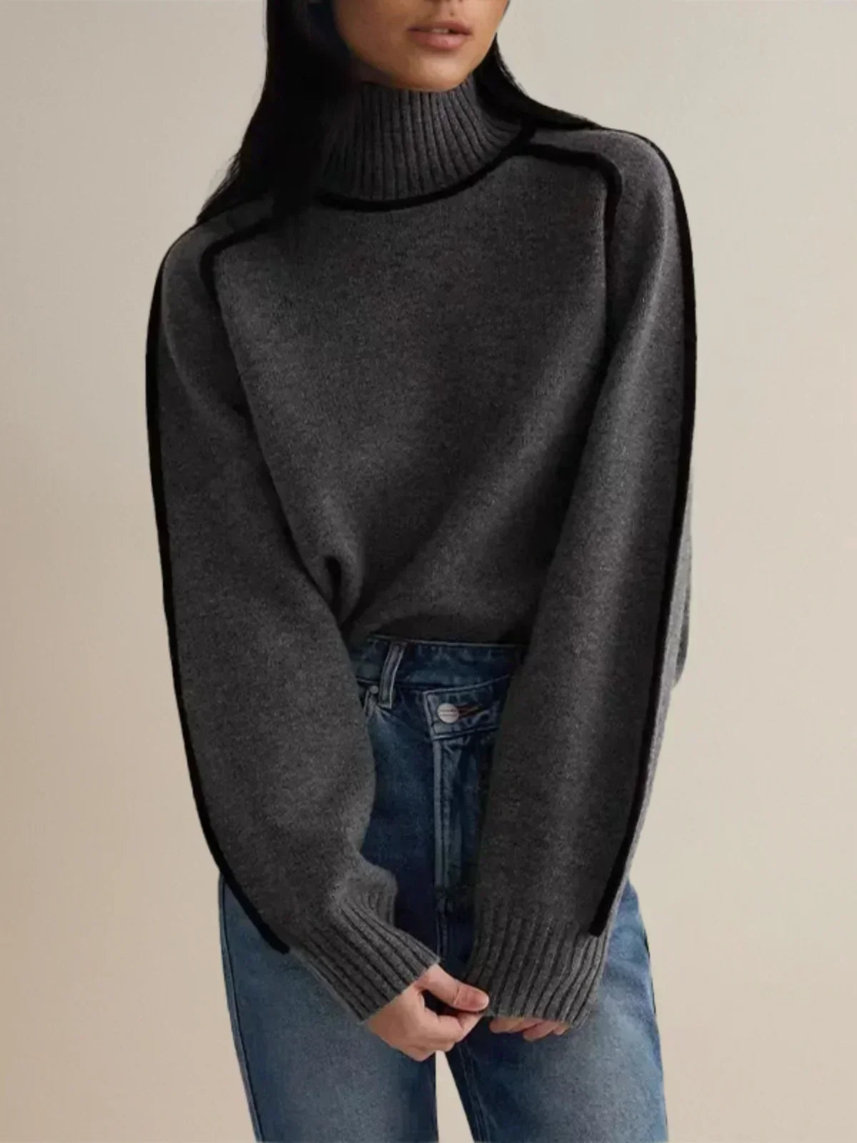 Thessaly | Women's Turtleneck Sweater with Contrast Piping — Oversized Cream Knit Pullover | Westmere