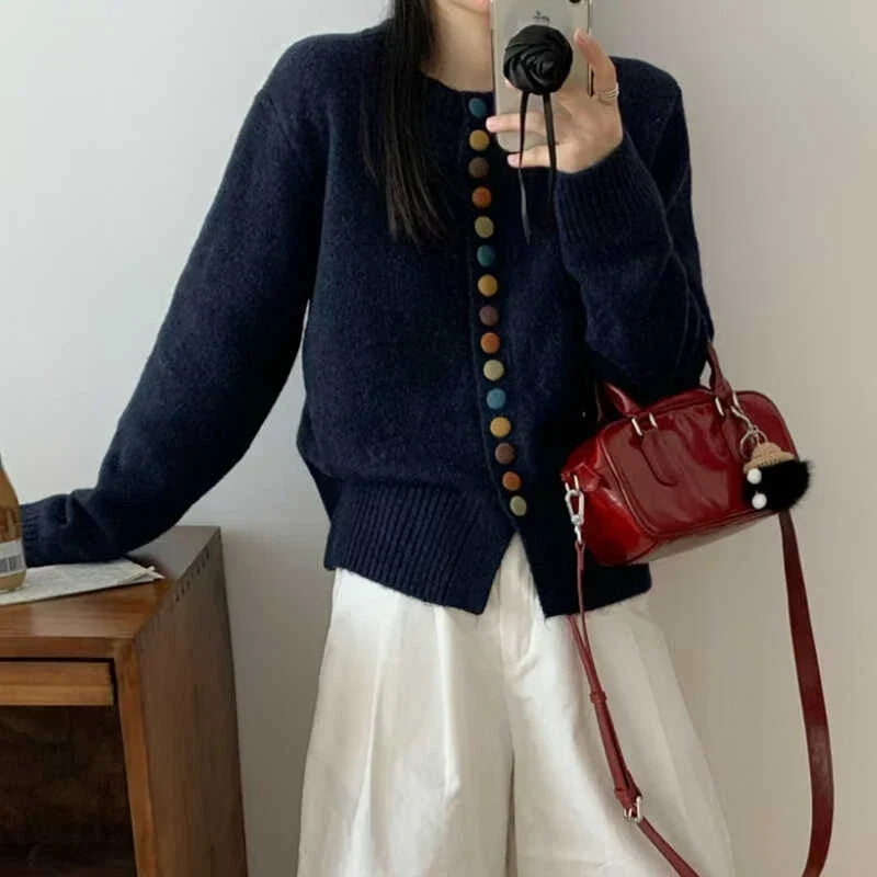 Thessira | Women's Button-Front Cardigan Sweater — Multicolor Buttons on Relaxed Knit in 4 Colors | Westmere