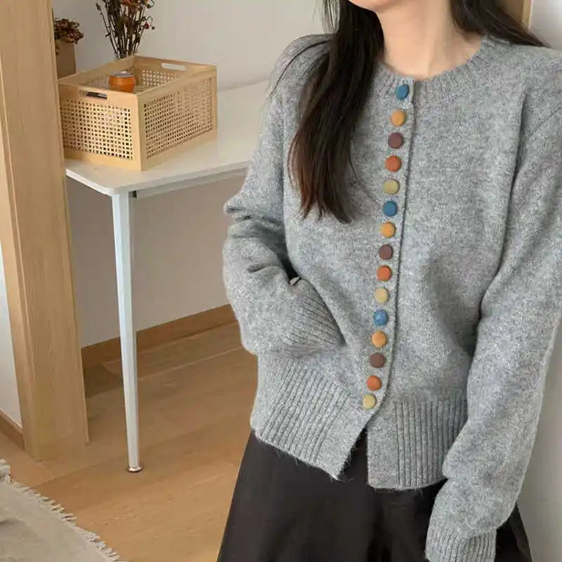 Thessira | Women's Button-Front Cardigan Sweater — Multicolor Buttons on Relaxed Knit in 4 Colors | Westmere