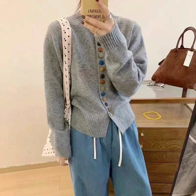 Thessira | Women's Button-Front Cardigan Sweater — Multicolor Buttons on Relaxed Knit in 4 Colors | Westmere