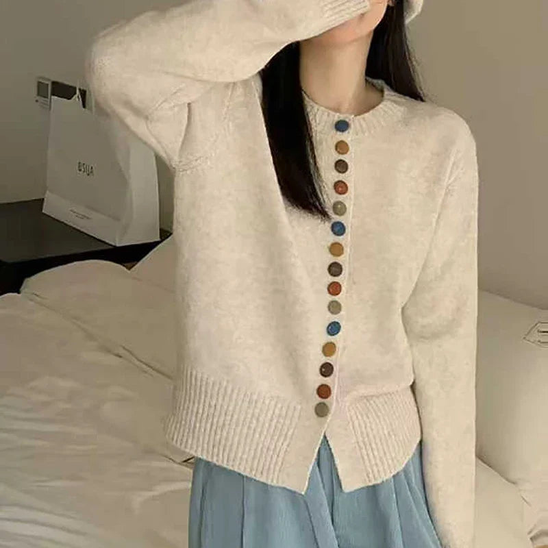 Thessira | Women's Button-Front Cardigan Sweater — Multicolor Buttons on Relaxed Knit in 4 Colors | Westmere