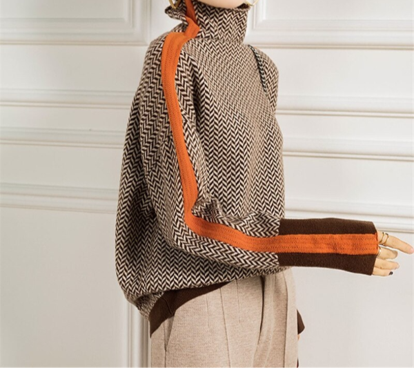 Threnody | Women's Herringbone Turtleneck Sweater — Oversized Knit with Contrast Sleeve Trim | Westmere