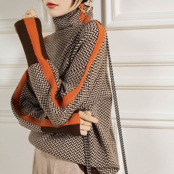 Threnody | Women's Herringbone Turtleneck Sweater — Oversized Knit with Contrast Sleeve Trim | Westmere