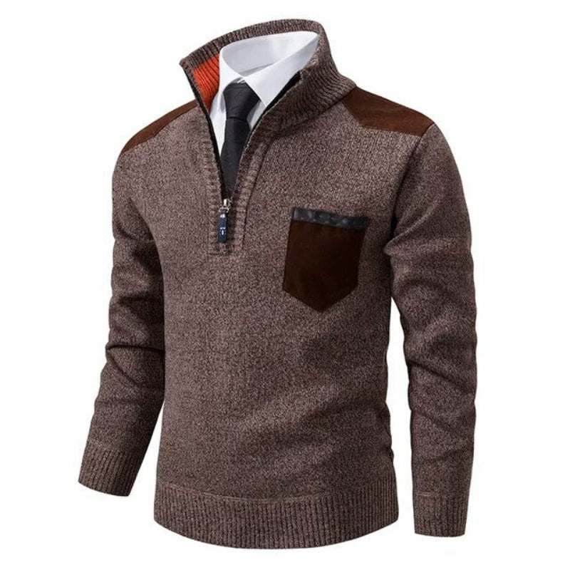 Tiesto Mens Pullover Sweater with Collar and Chest Pocket in Brown