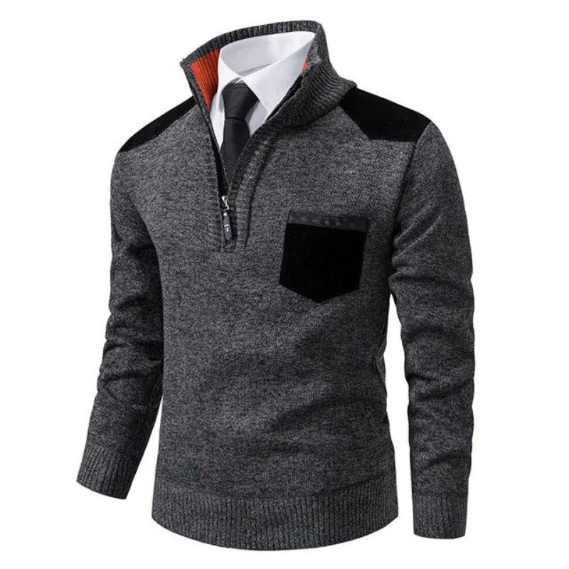 Tiesto Mens Pullover Sweater with Collar and Chest Pocket in Dark Gray