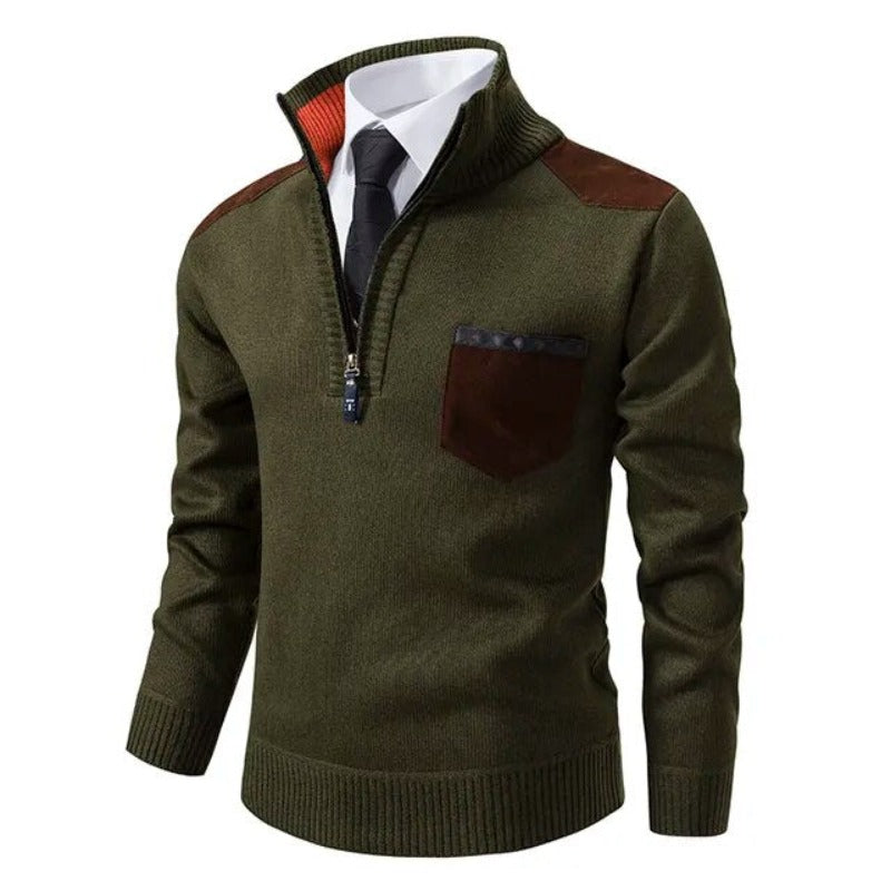 Tiesto Mens Pullover Sweater with Collar and Chest Pocket in Dark Green