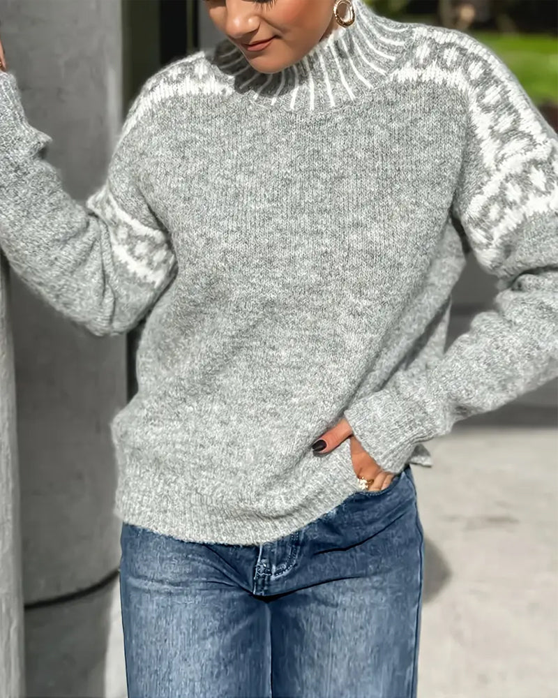 Tivona | Women's Mock Neck Knit Sweater — Nordic Shoulder Pattern Pullover in Gray | Westmere