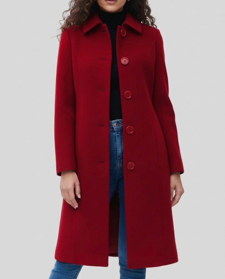 Tonya Womens Long Trench Coat, Single-Breasted in Red
