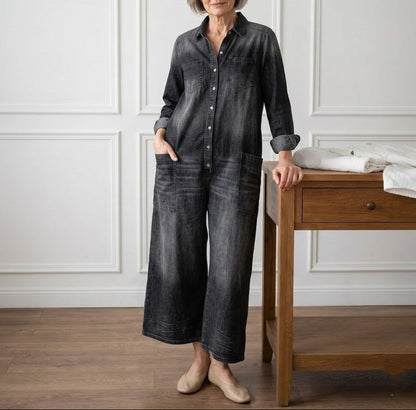 Ariana™ | Vintage Washed Soft Cotton Denim Jumpsuit with Button Closure