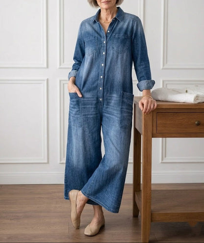 Ariana™ | Vintage Washed Soft Cotton Denim Jumpsuit with Button Closure