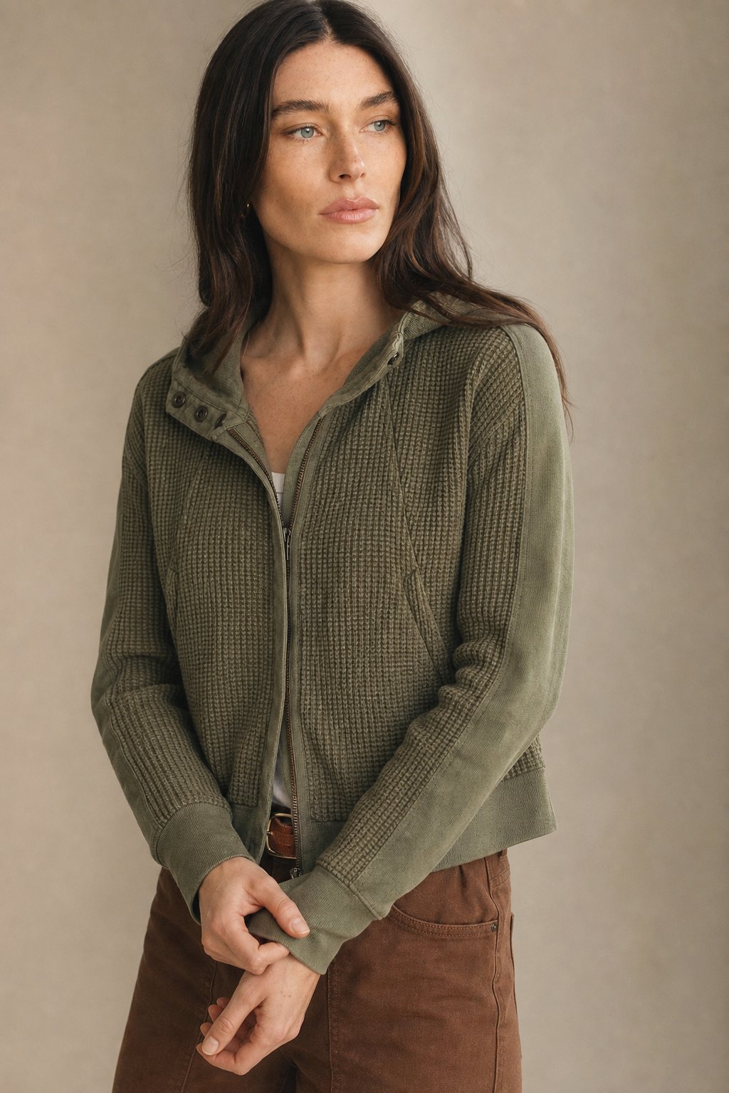 Christina Womens Cropped Zip Hoodie in Waffle Cotton