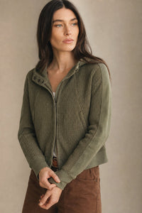 Christina | Womens Cropped Zip Hoodie in Waffle Cotton | Snug Hood, Textured Fabric | Pine, Blue and More S-XL