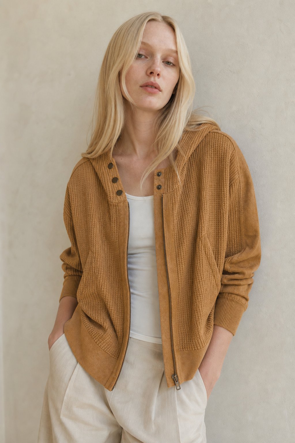 Christina Womens Cropped Zip Hoodie in Waffle Cotton