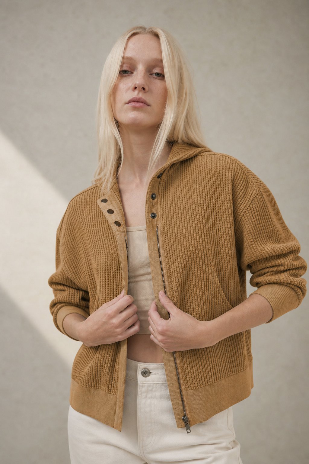 Christina Womens Cropped Zip Hoodie in Waffle Cotton in Sand