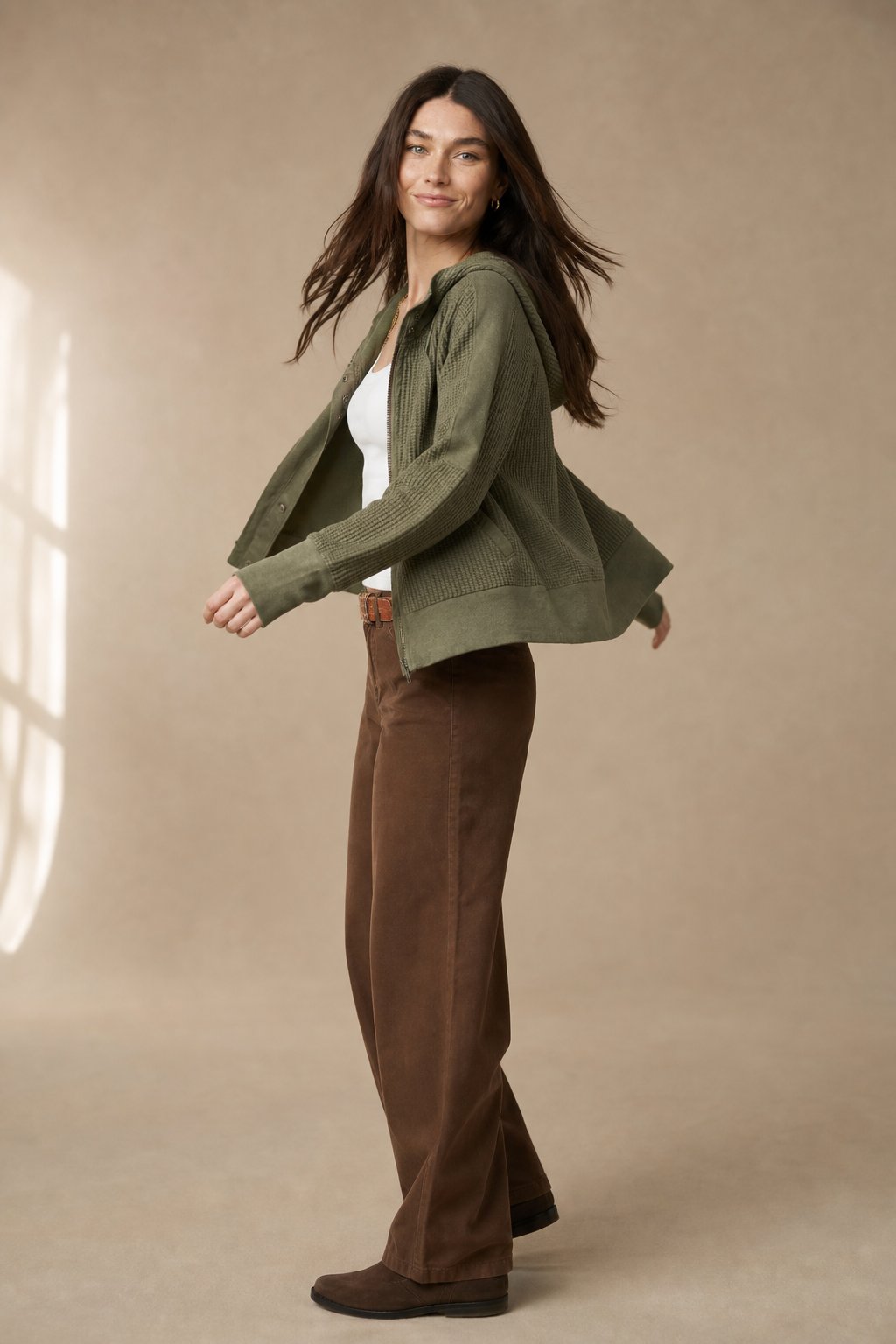 Christina Womens Cropped Zip Hoodie in Waffle Cotton in Pine