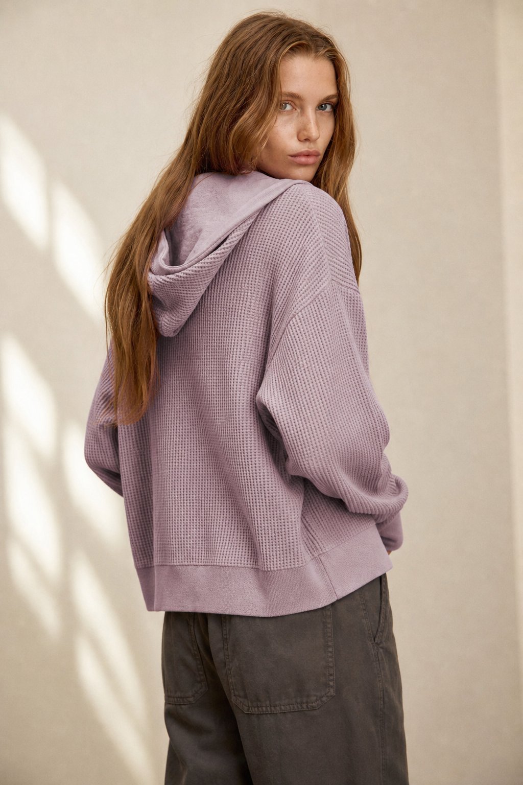 Christina Womens Cropped Zip Hoodie in Waffle Cotton in Lavender