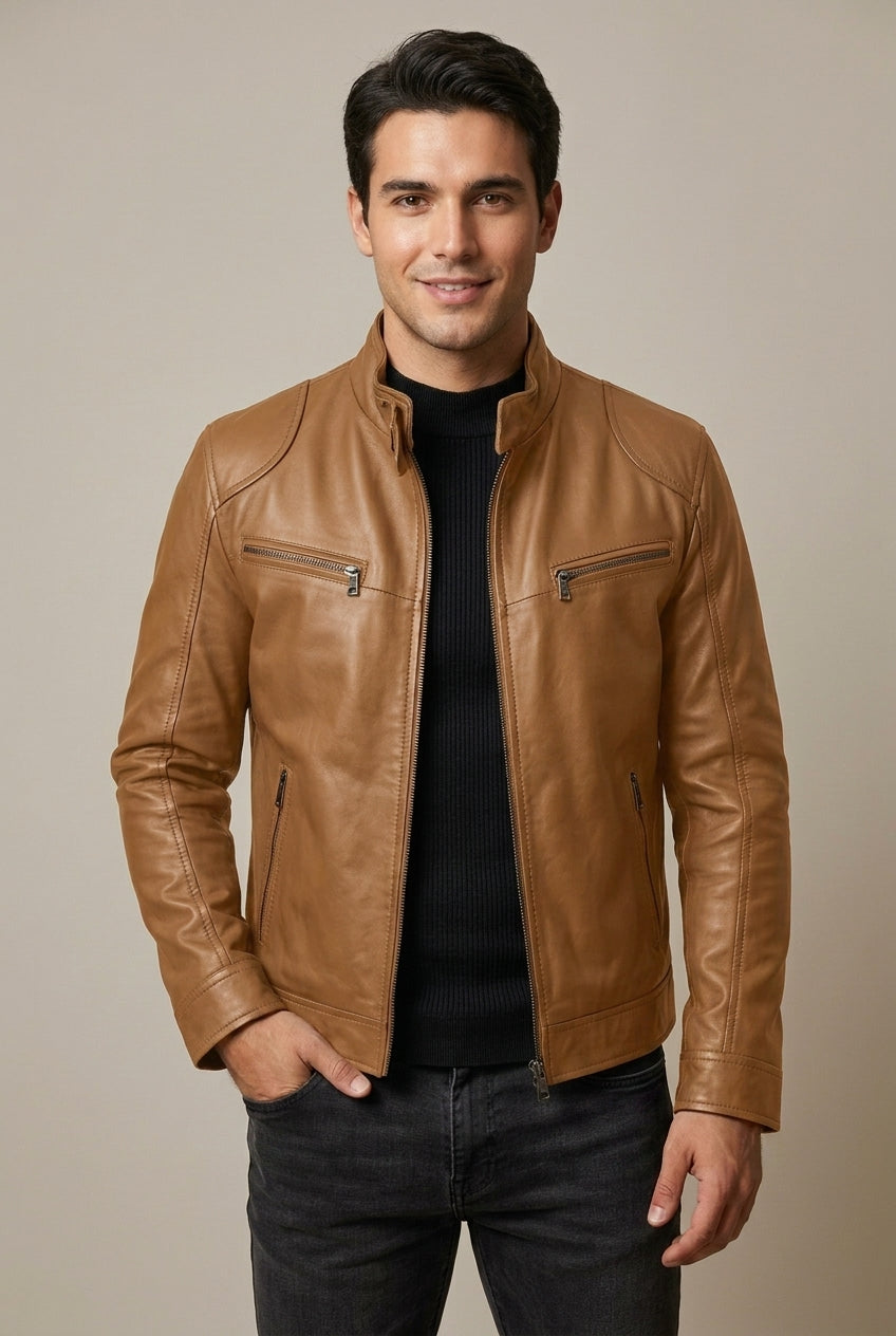 Jon Mens Leather Jacket with Stand Collar in Camel