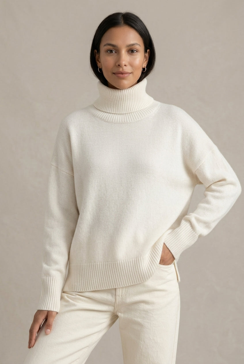 Katie Womens Oversized Cashmere Turtleneck Sweater in White