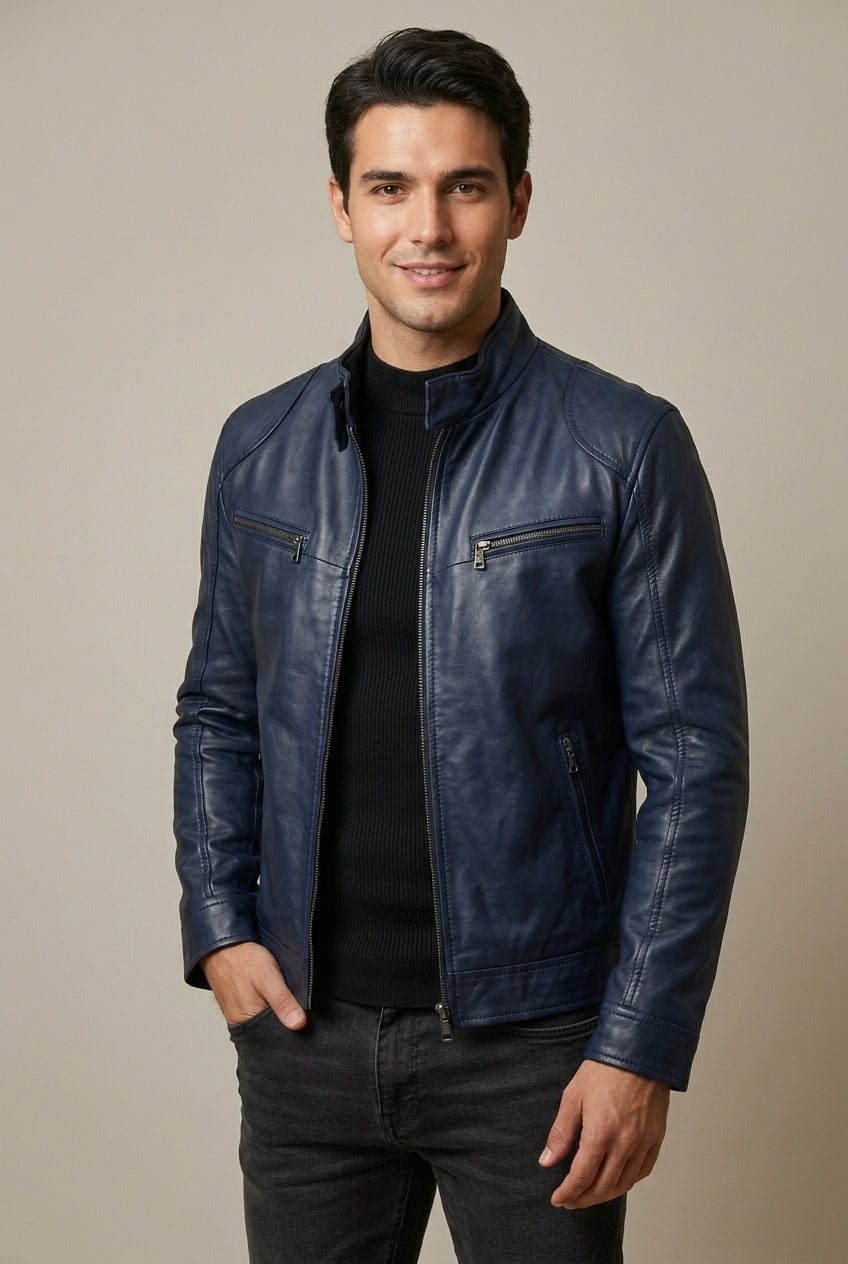Jon Mens Leather Jacket with Stand Collar in Navy Blue
