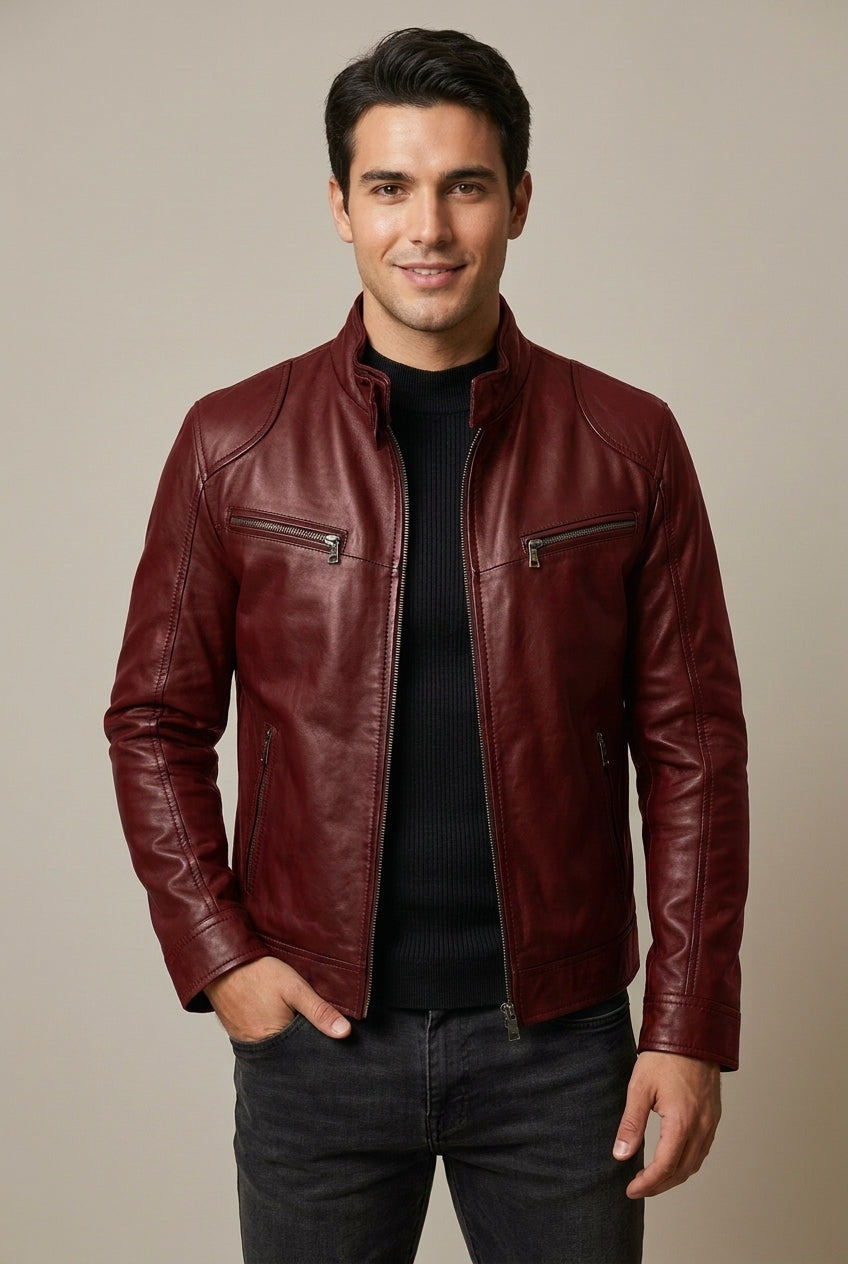 Jon Mens Leather Jacket with Stand Collar in Red
