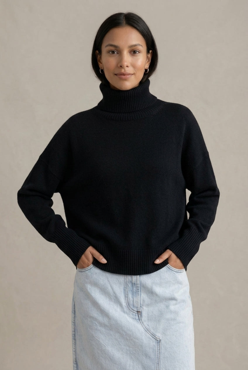 Katie Womens Oversized Cashmere Turtleneck Sweater in Black