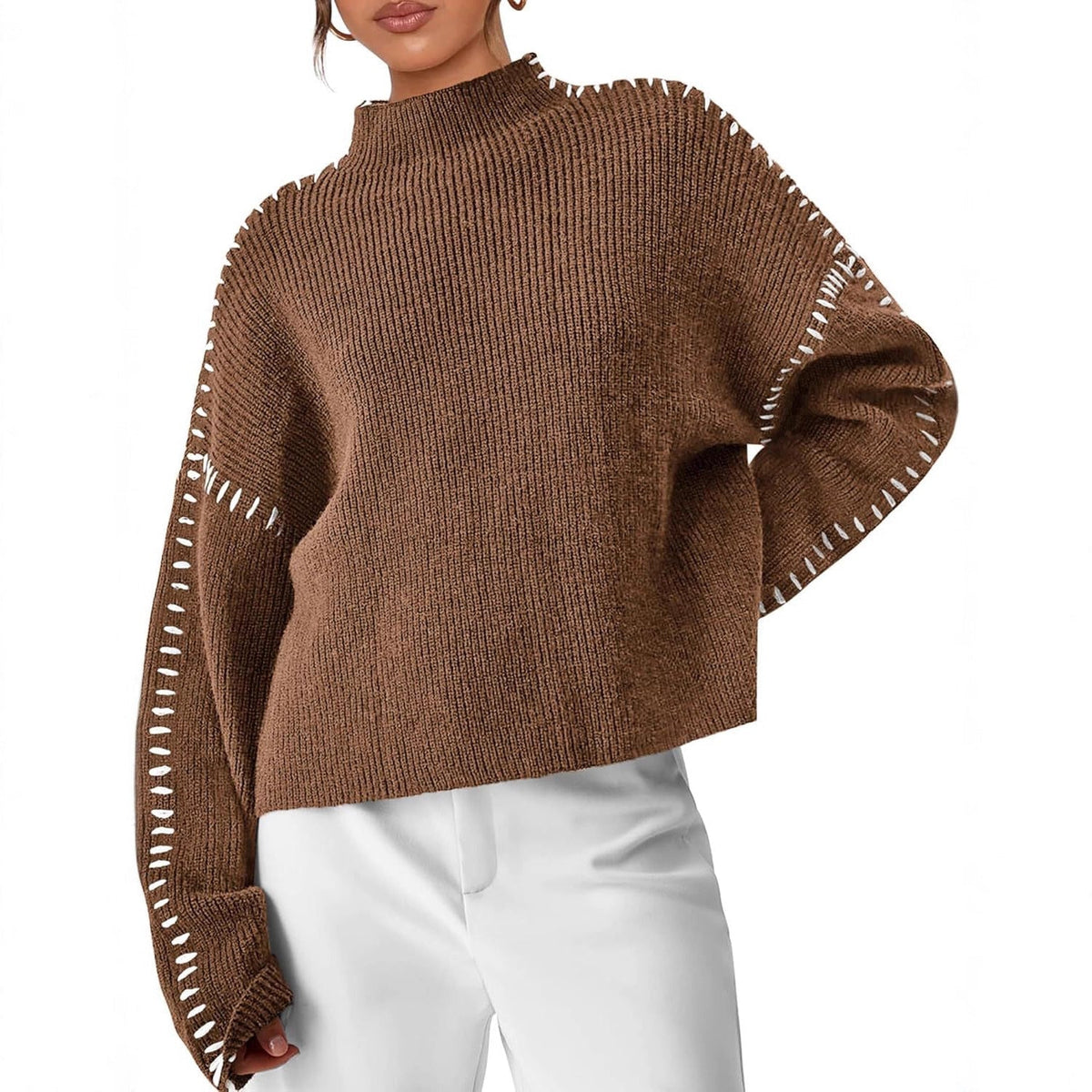 Verity | Women's Oversized Mock Neck Sweater — Chunky Knit with Contrast Whipstitch Trim | Westmere