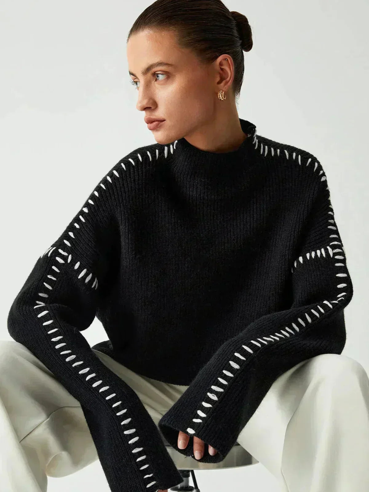 Verity | Women's Oversized Mock Neck Sweater — Chunky Knit with Contrast Whipstitch Trim | Westmere