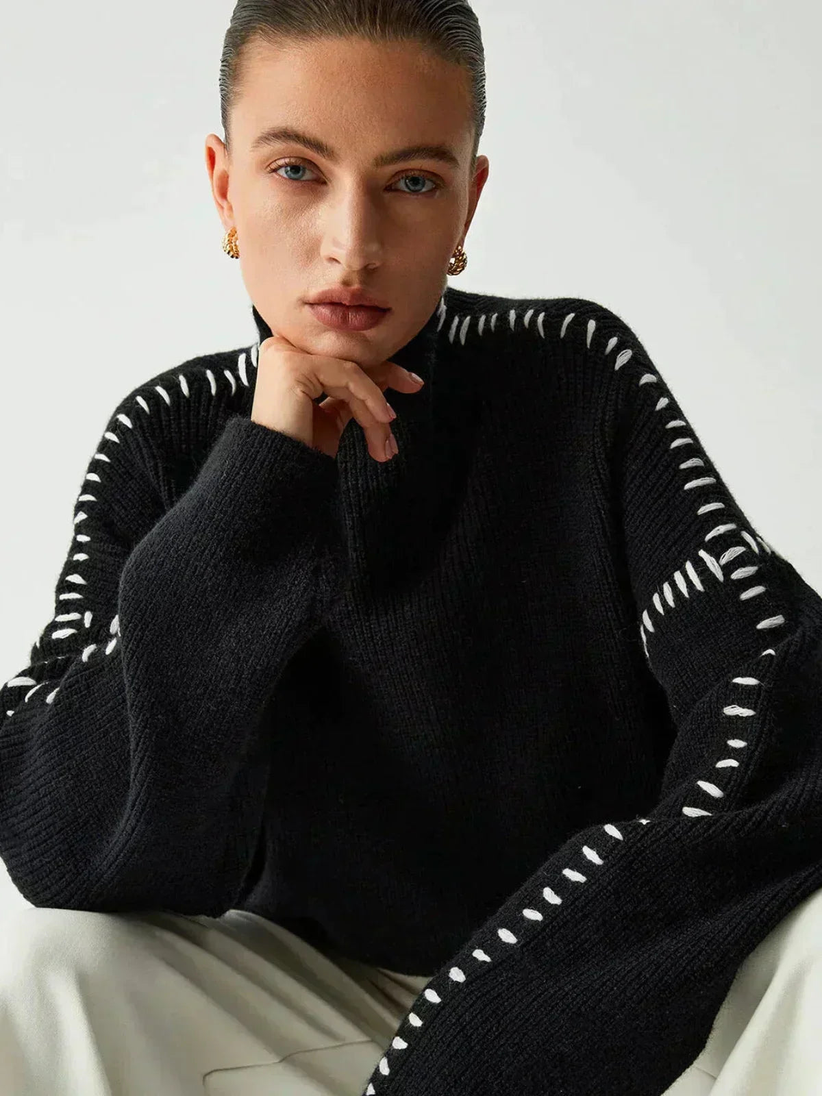 Verity | Women's Oversized Mock Neck Sweater — Chunky Knit with Contrast Whipstitch Trim | Westmere