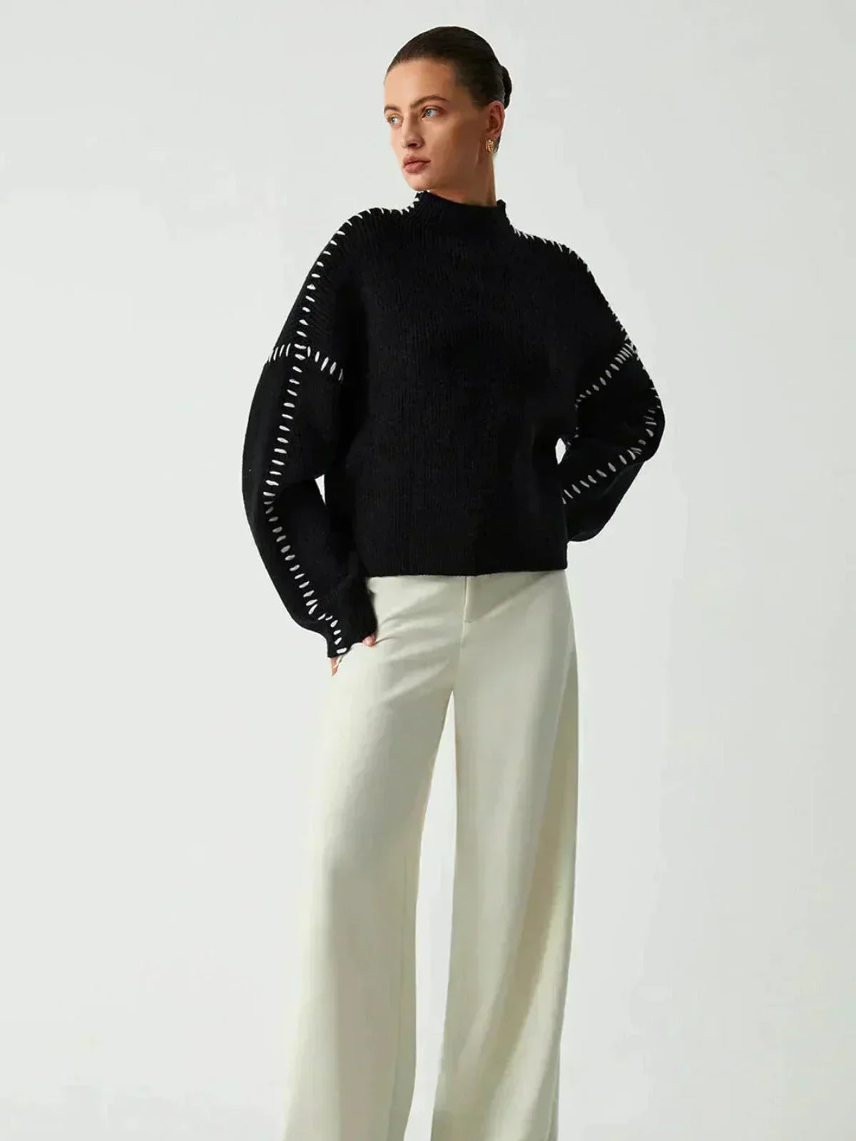 Verity | Women's Oversized Mock Neck Sweater — Chunky Knit with Contrast Whipstitch Trim | Westmere