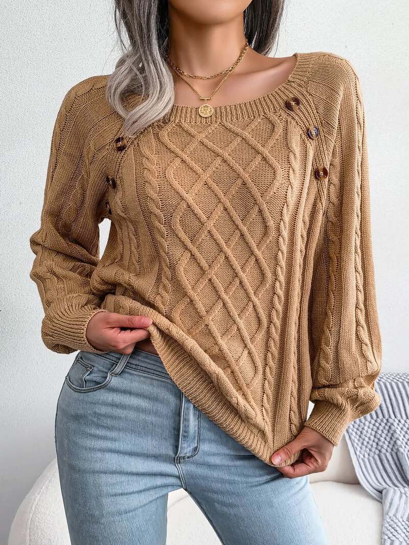 Vexara | Women's Cable Knit Button Detail Sweater — Tortoiseshell Shoulder Buttons in 4 Colors | Westmere