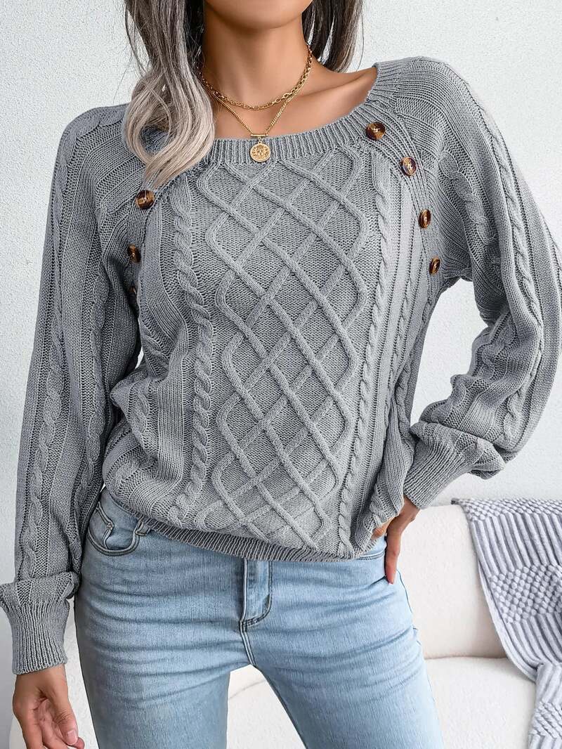 Vexara | Women's Cable Knit Button Detail Sweater — Tortoiseshell Shoulder Buttons in 4 Colors | Westmere