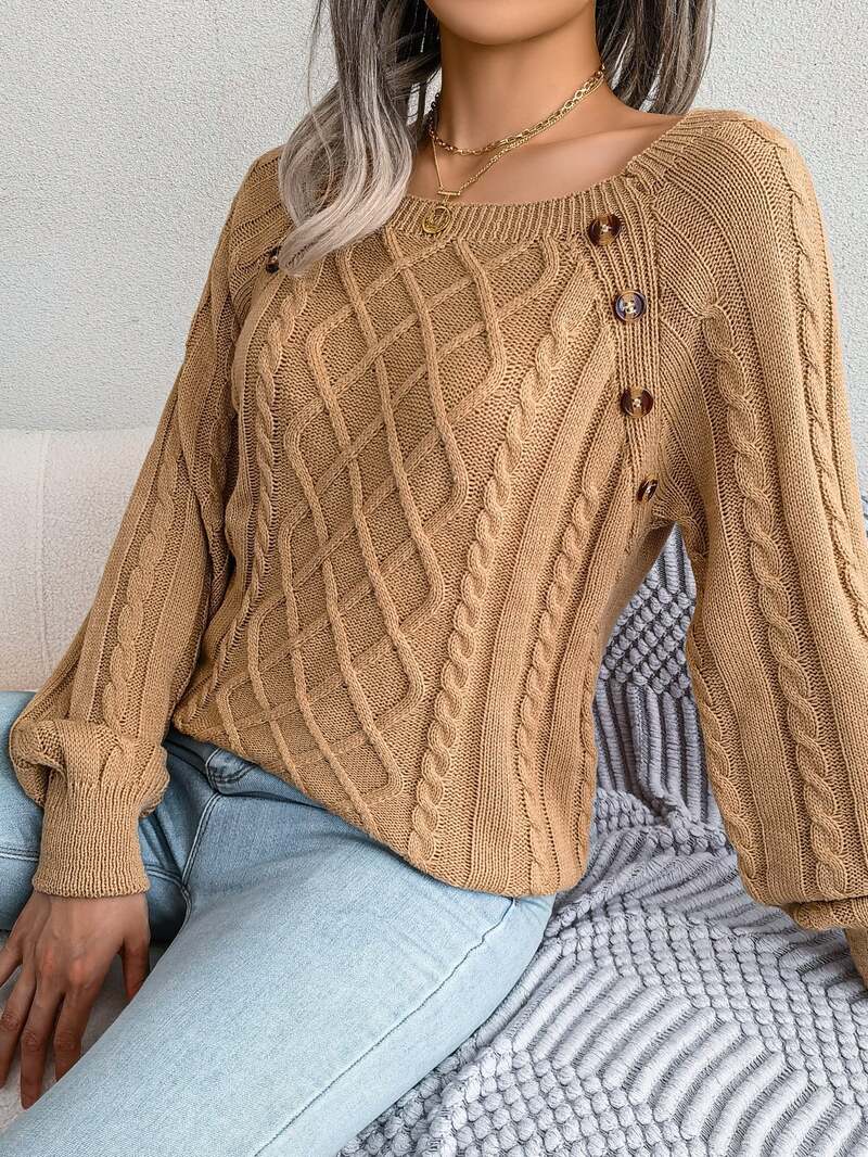 Vexara | Women's Cable Knit Button Detail Sweater — Tortoiseshell Shoulder Buttons in 4 Colors | Westmere