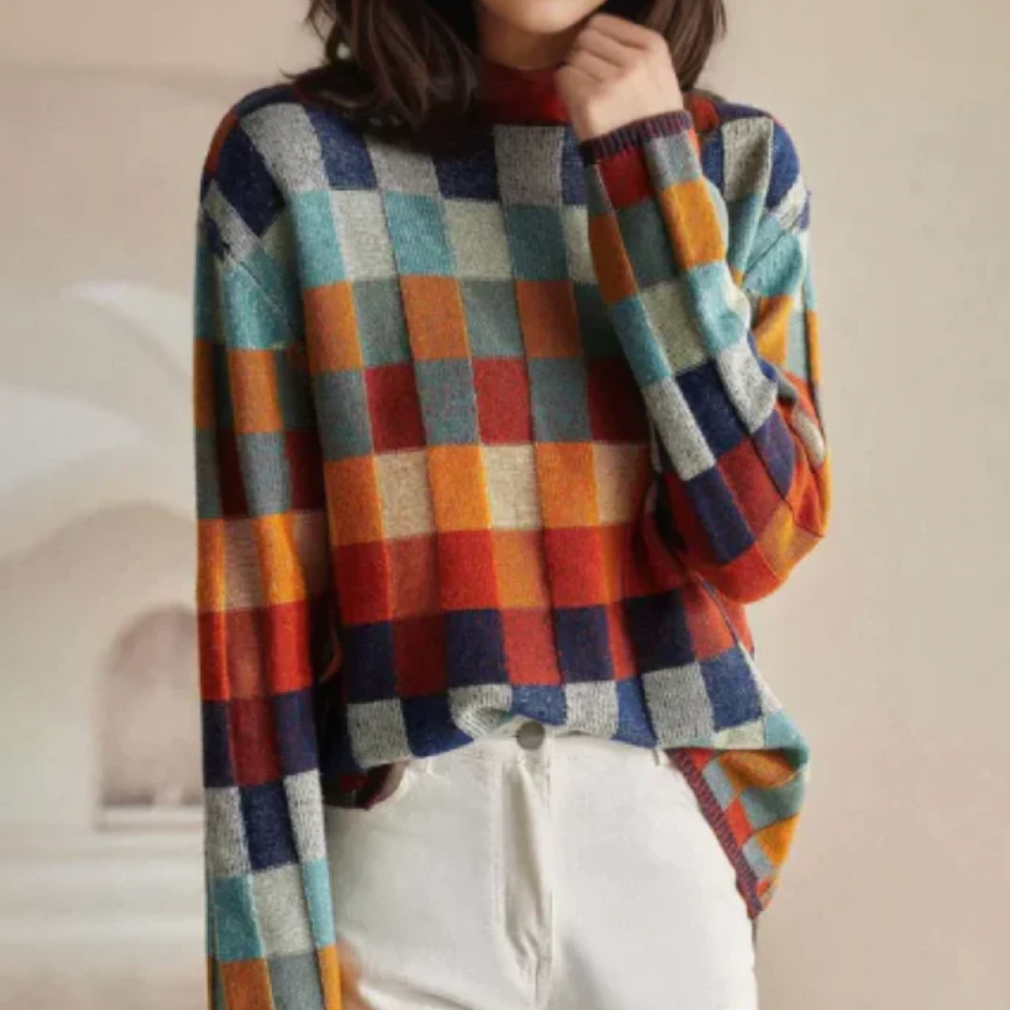 Vexna | Women's Colorblock Mock Turtleneck Sweater — Retro Check Pattern Knit Pullover | Westmere