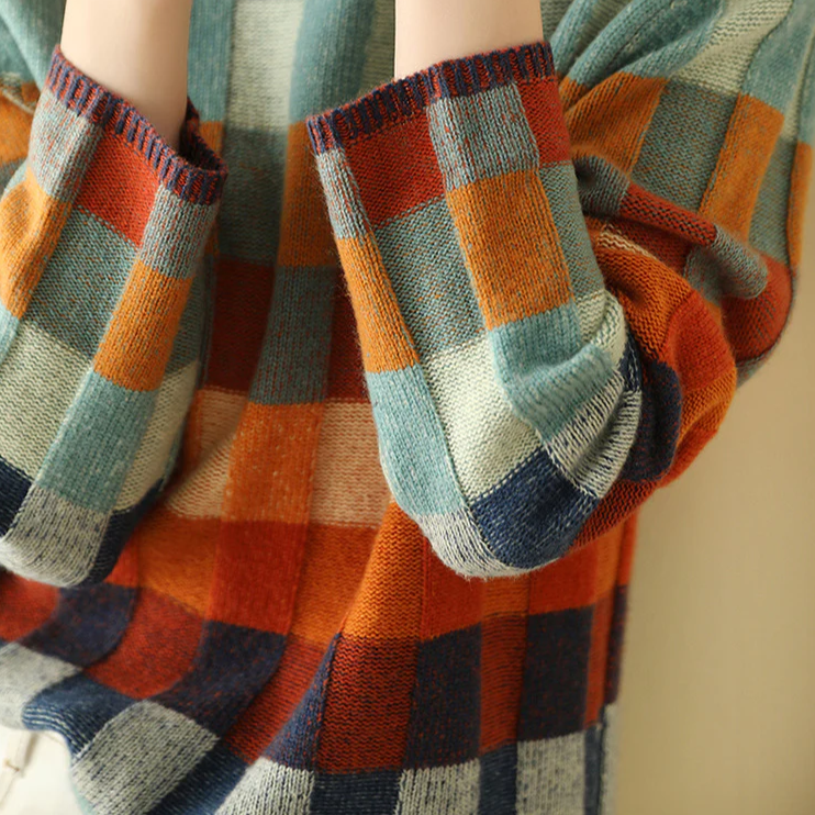 Vexna | Women's Colorblock Mock Turtleneck Sweater — Retro Check Pattern Knit Pullover | Westmere